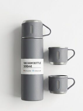 Gray Vacuum Bottle Flask Set with Cups